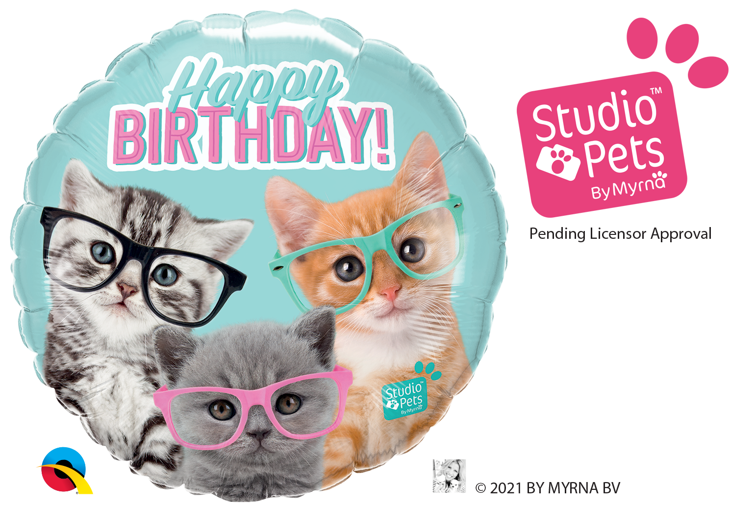 Balão redondo azul claro com três gatos de óculos e texto Happy Birthday