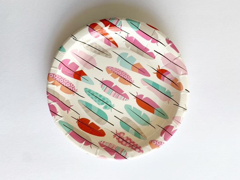 Prato de papel redondo com padrão de penas coloridas