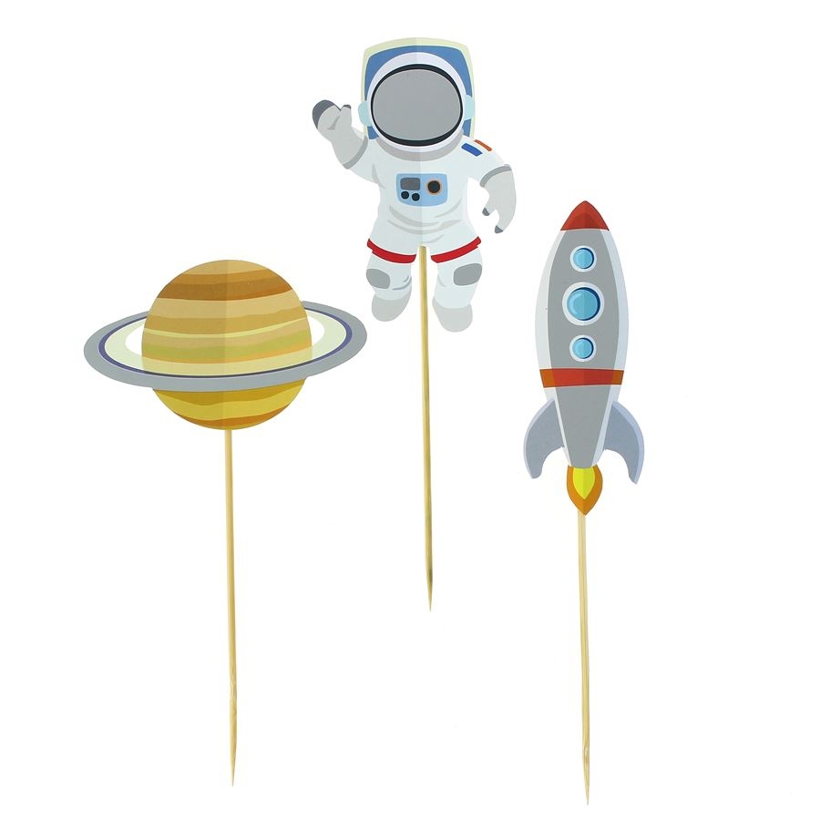 Toppers para bolos de planeta, astronauta e foguetão com cores amarelo, branco, cinzento, vermelho e azul
