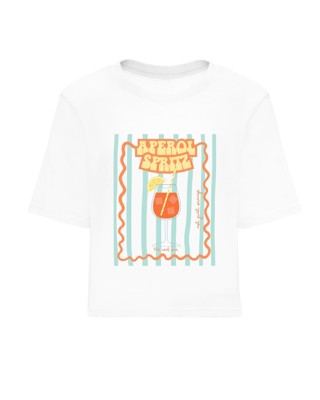 T-shirt branca com estampa colorida de copo e texto Apérol Spritz