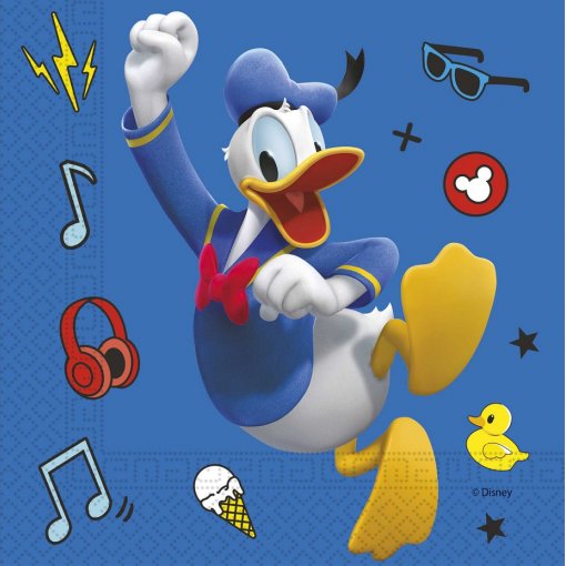 Guardanapo azul com desenho do Pato Donald e ícones coloridos