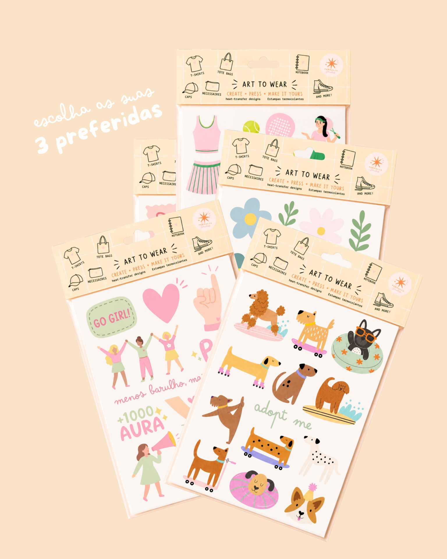Folhas de estampas termocolantes coloridas com desenhos de cães, flores, roupa desportiva, em embalagem com cabeçalho bege texto ART TO WEAR