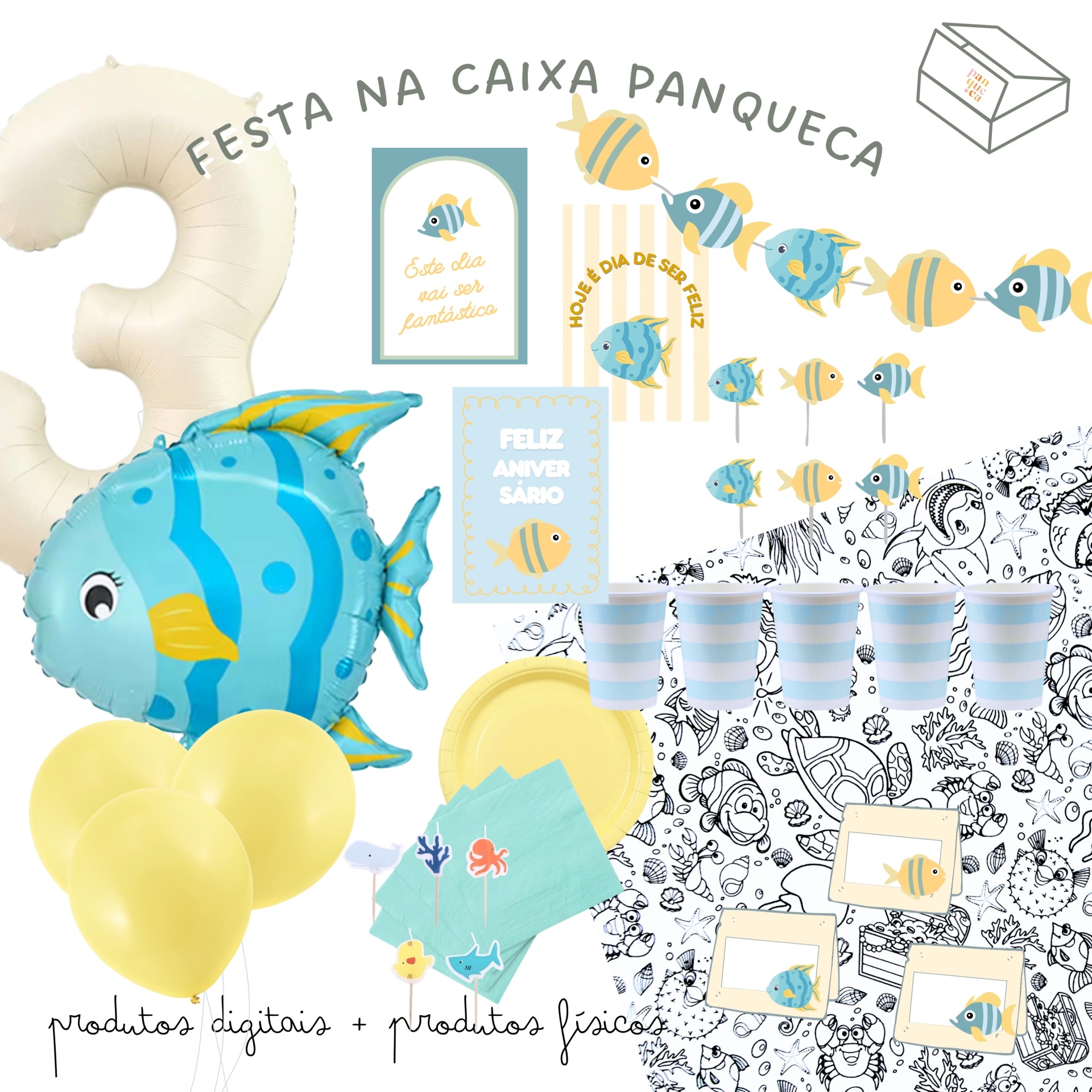 Decoração festa infantil com tema peixes e cores azul e amarelo