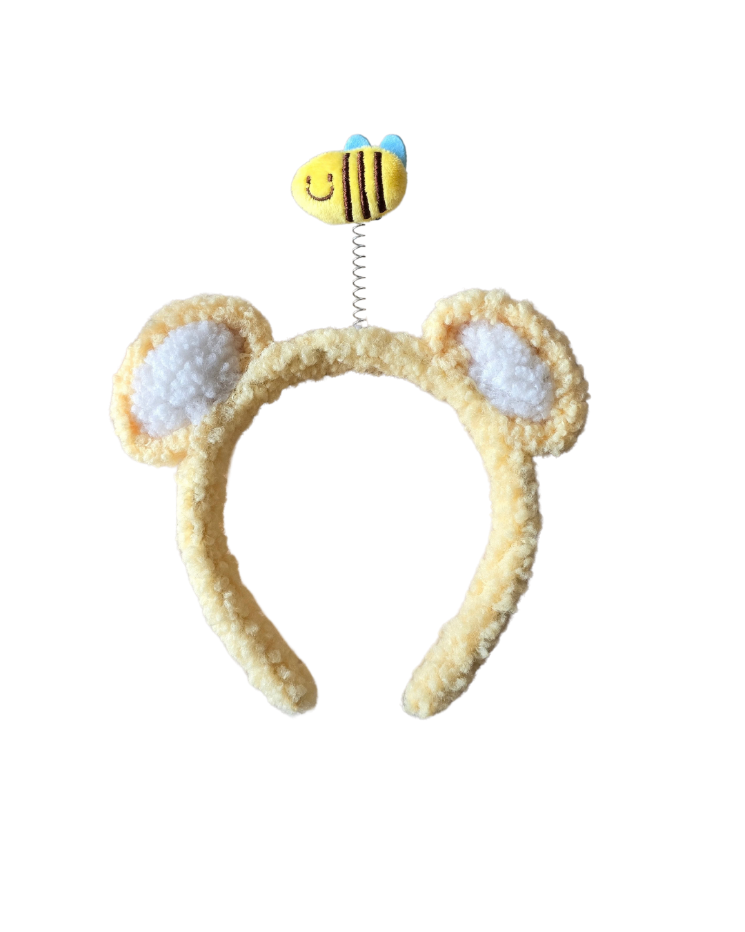 Arco de cabelo amarelo com orelhas e abelha numa mola