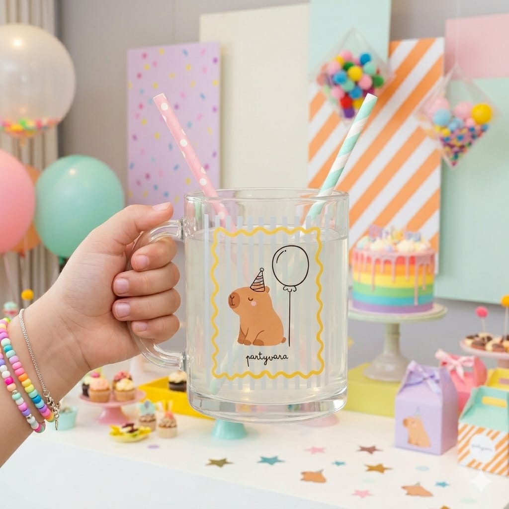 Caneca transparente com desenho de coelho e balão, mão segurando, festa colorida ao fundo