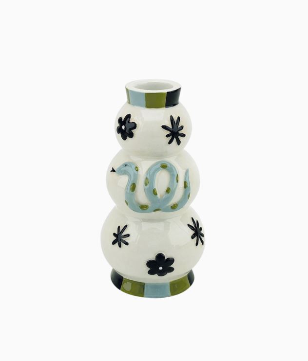 Vaso cerâmico branco com padrões coloridos e detalhes florais