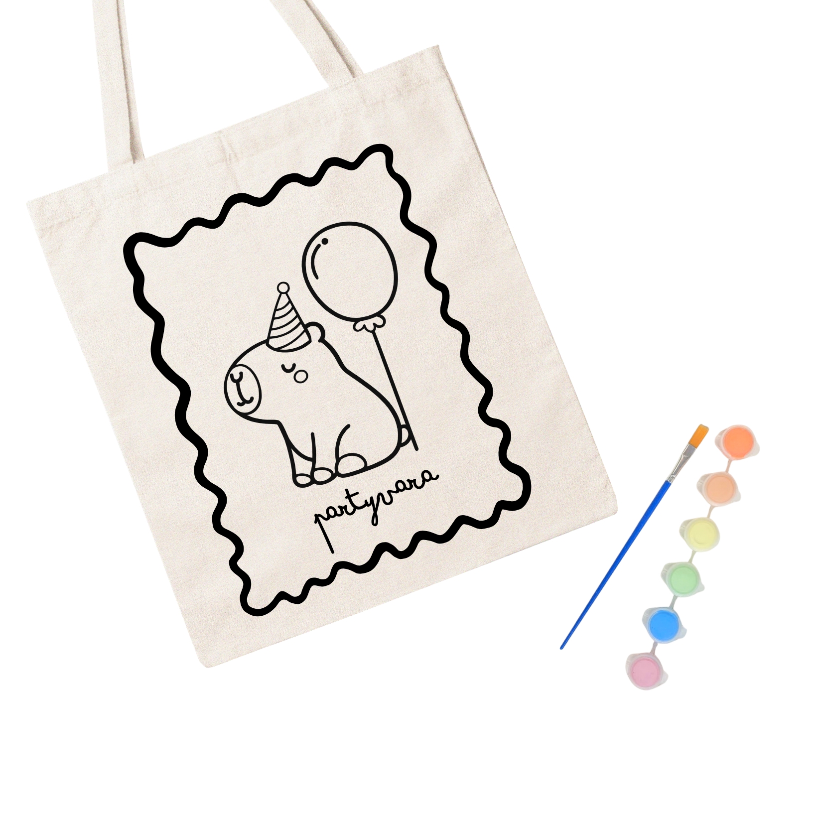 Saco de tecido bege com desenho preto de urso com chapéu de festa e balão, pincel azul e tintas coloridas