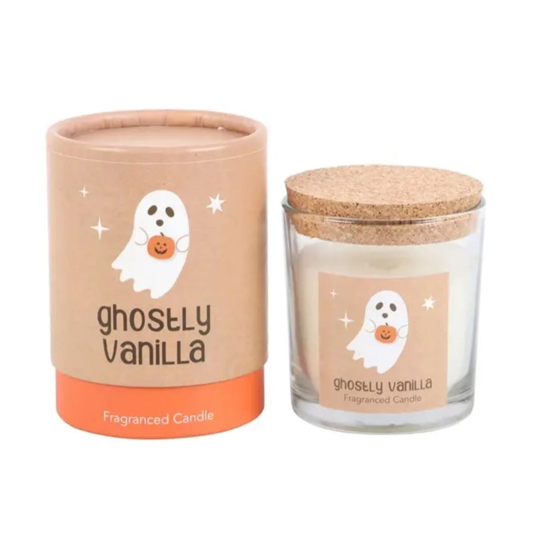 Vela perfumada Ghostly Vanilla com embalagem de cartão e frasco de vidro com tampa de cortiça