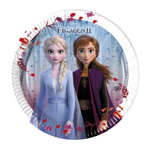 Prato descartável com imagem das personagens Elsa e Anna do filme Frozen II