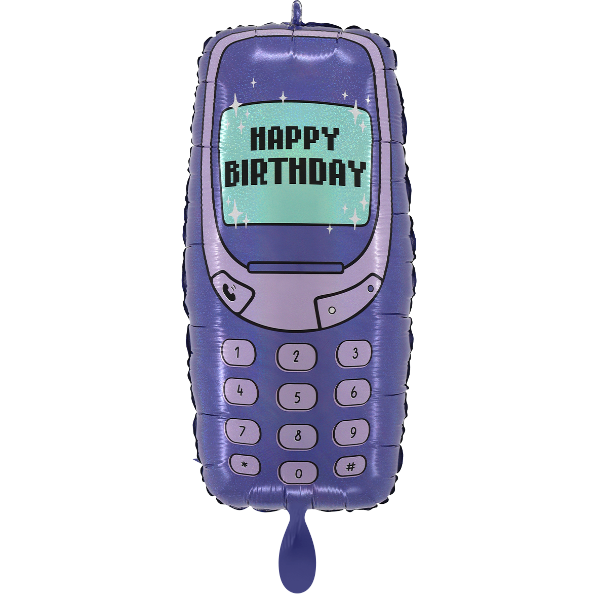 Balão metálico roxo em forma de telemóvel antigo com a mensagem Happy Birthday
