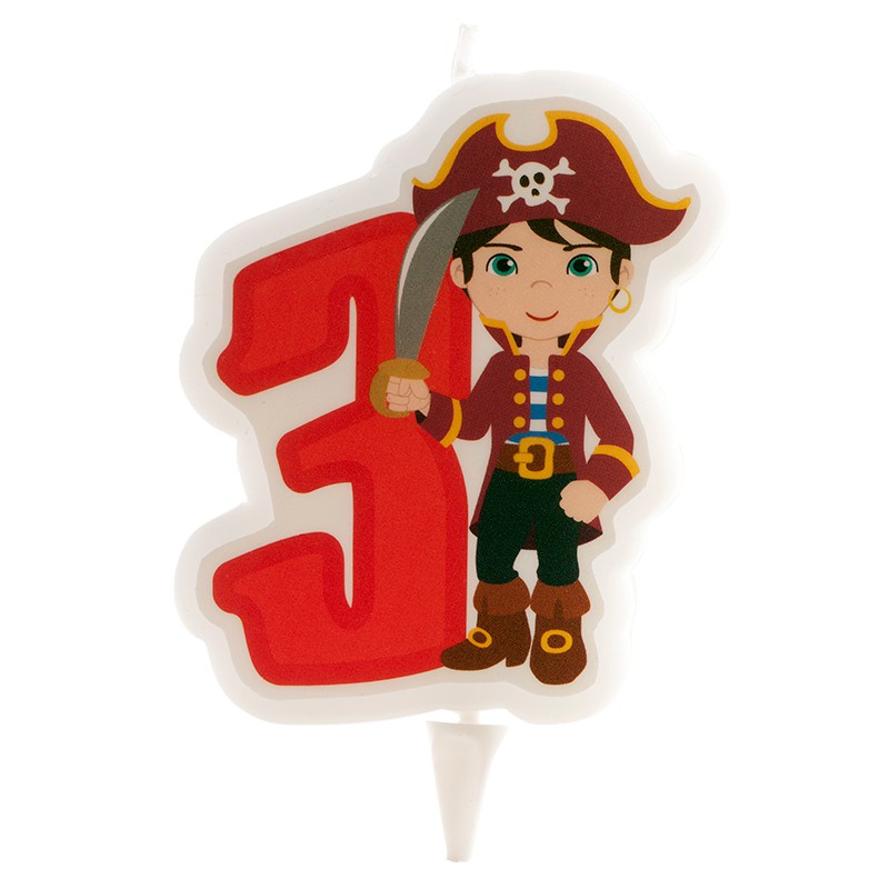 Vela decorativa para bolo com número 3 e desenho de pirata