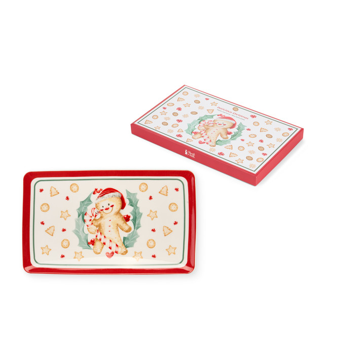 Conjunto de prato retangular decorativo e caixa com padrão festivo de biscoito homem-de-ginga.