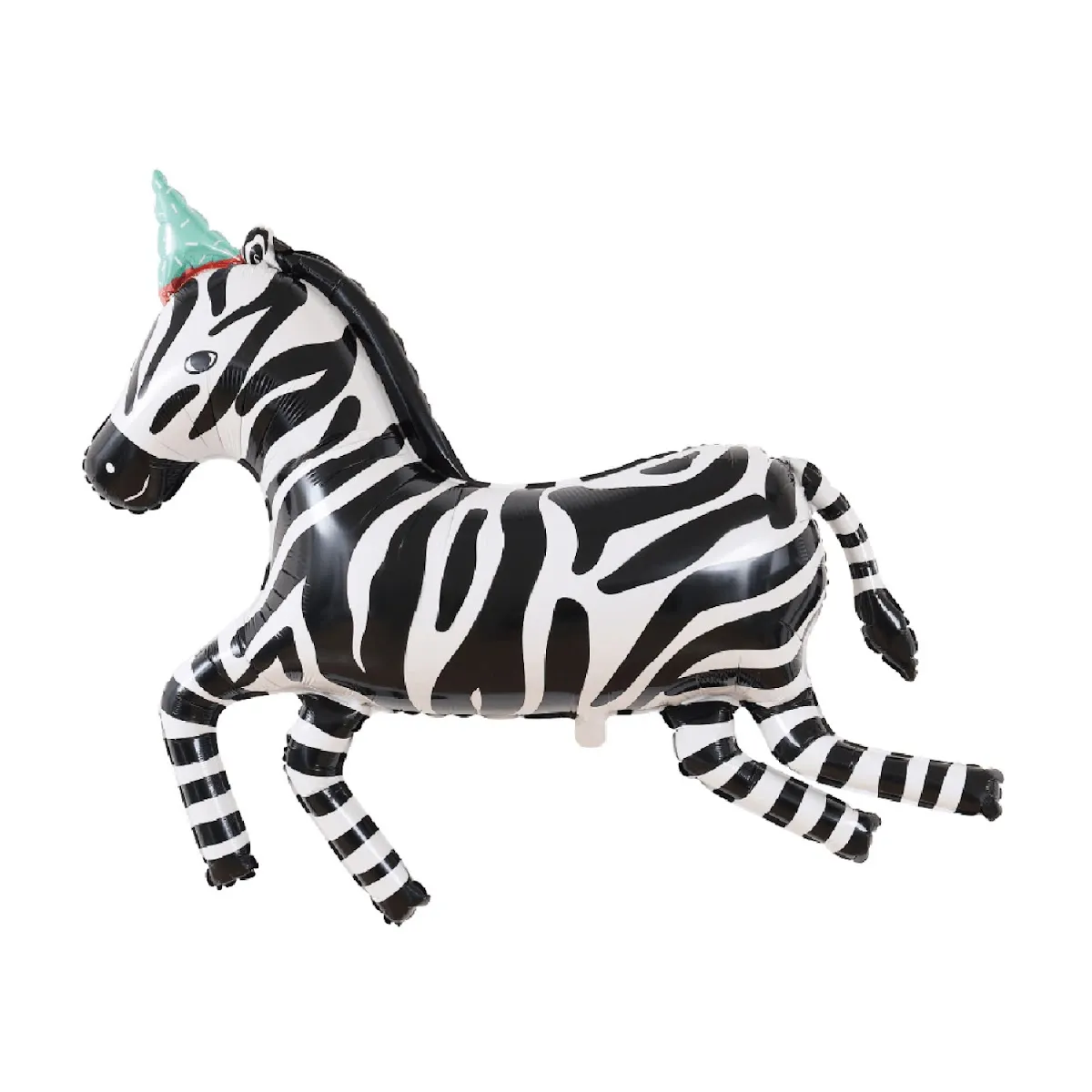 Balão insuflável de zebra às riscas pretas e brancas com detalhe azul na orelha