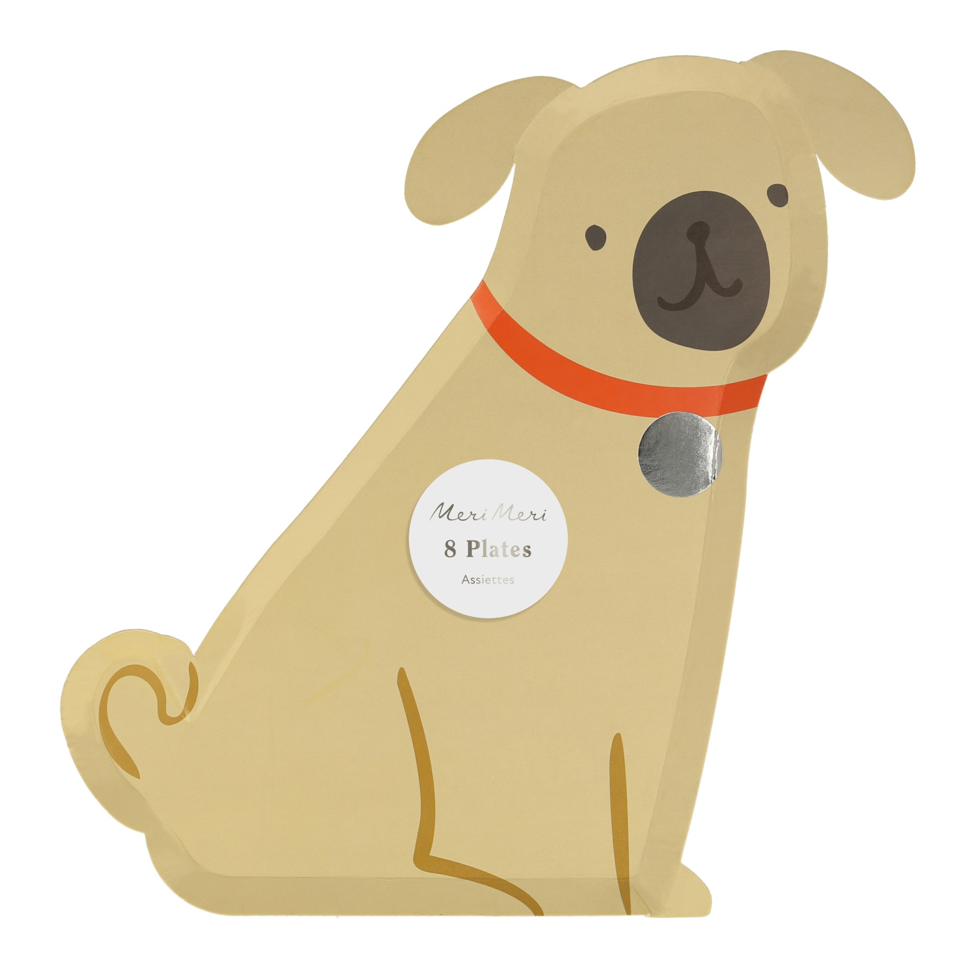 Placa decorativa em forma de cão bege com coleira vermelha