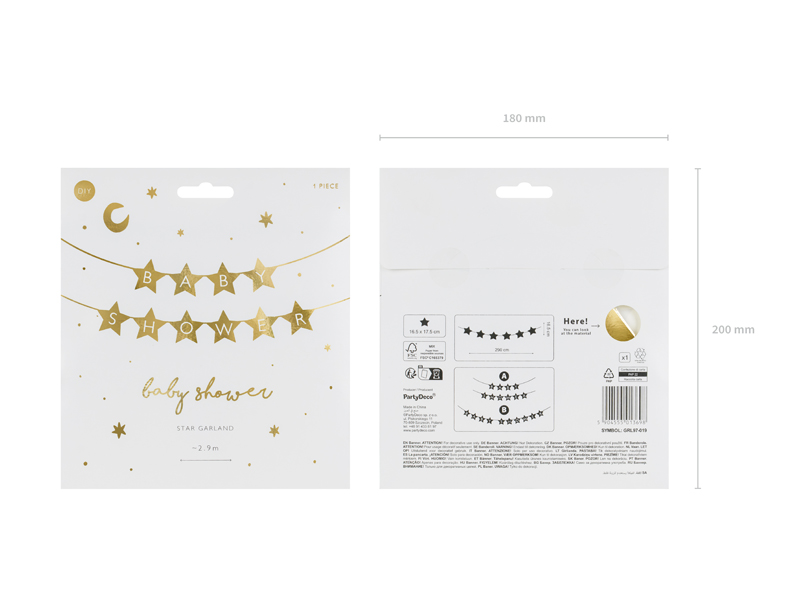 Embalagem de decoração para baby shower com estrelas douradas e texto em dourado
