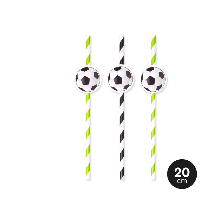 Palhinhas de papel com decoração de bola de futebol e riscas verdes e pretas