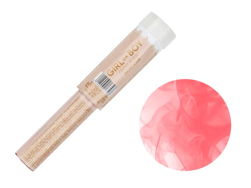 Tubo plástico creme com tampa branca e texto dourado, amostra de fumo cor-de-rosa.