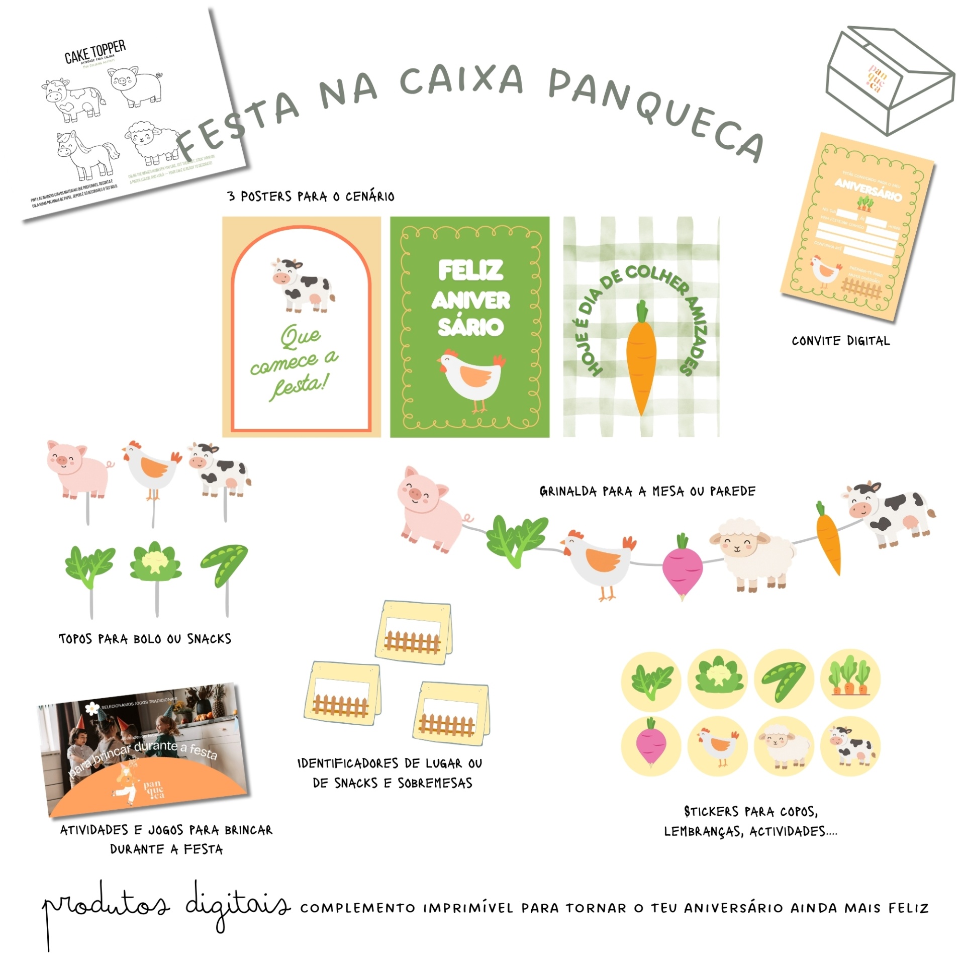 Itens imprimíveis para festa infantil com animais da quinta e vegetais, como posters, toppers, grinalda, stickers e convite digital