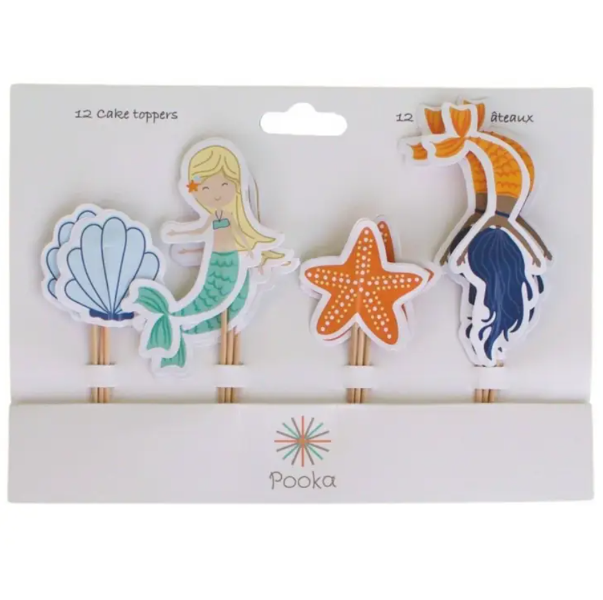 Cake toppers temas marinhos com sereia, estrela-do-mar e concha, embalagem branca, marca Pooka