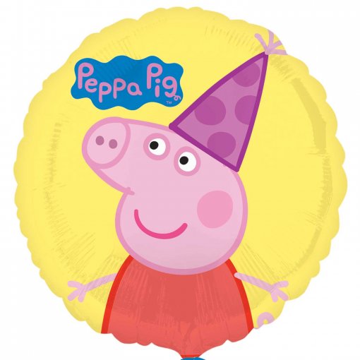 Balão amarelo com personagem Peppa Pig e texto