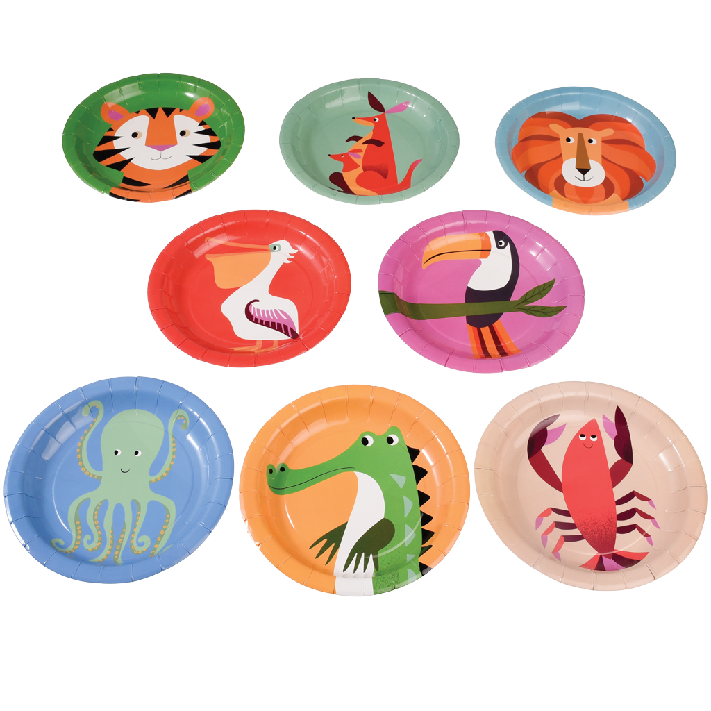 Conjunto de pratos de papel com desenhos de animais para crianças