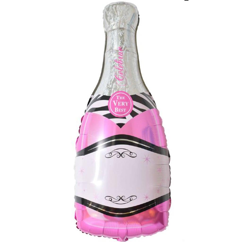 Balão metalizado forma garrafa champanhe rosa e prata com texto Celebrate and THE VERY BEST