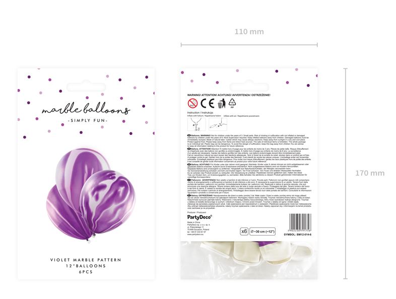 Pacote de balões violeta com padrão mármore e embalagem branca com pontos roxos