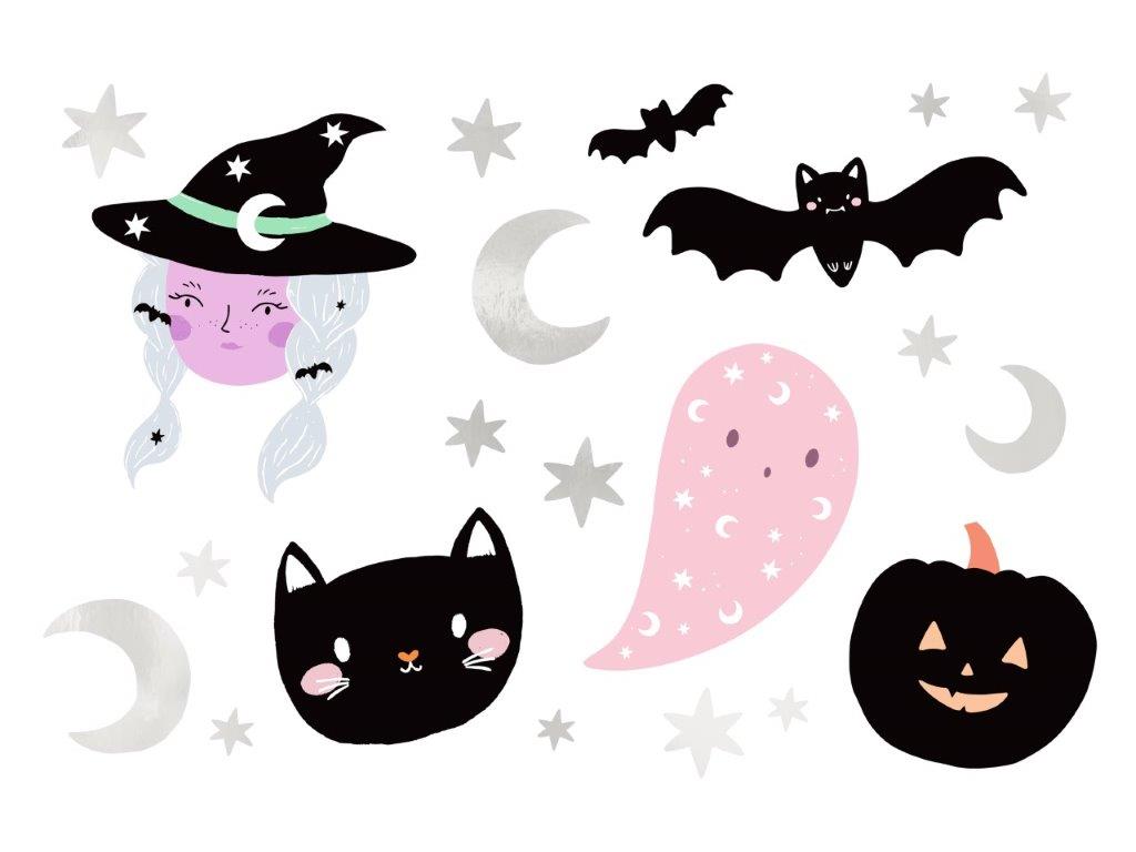 Ilustrações de Halloween com bruxa, fantasmas, morcegos, abóbora, luas e estrelas