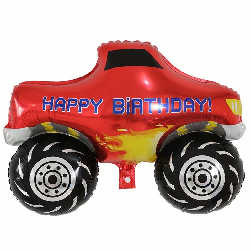 Balão metalizado vermelho em forma de carro com texto HAPPY BIRTHDAY