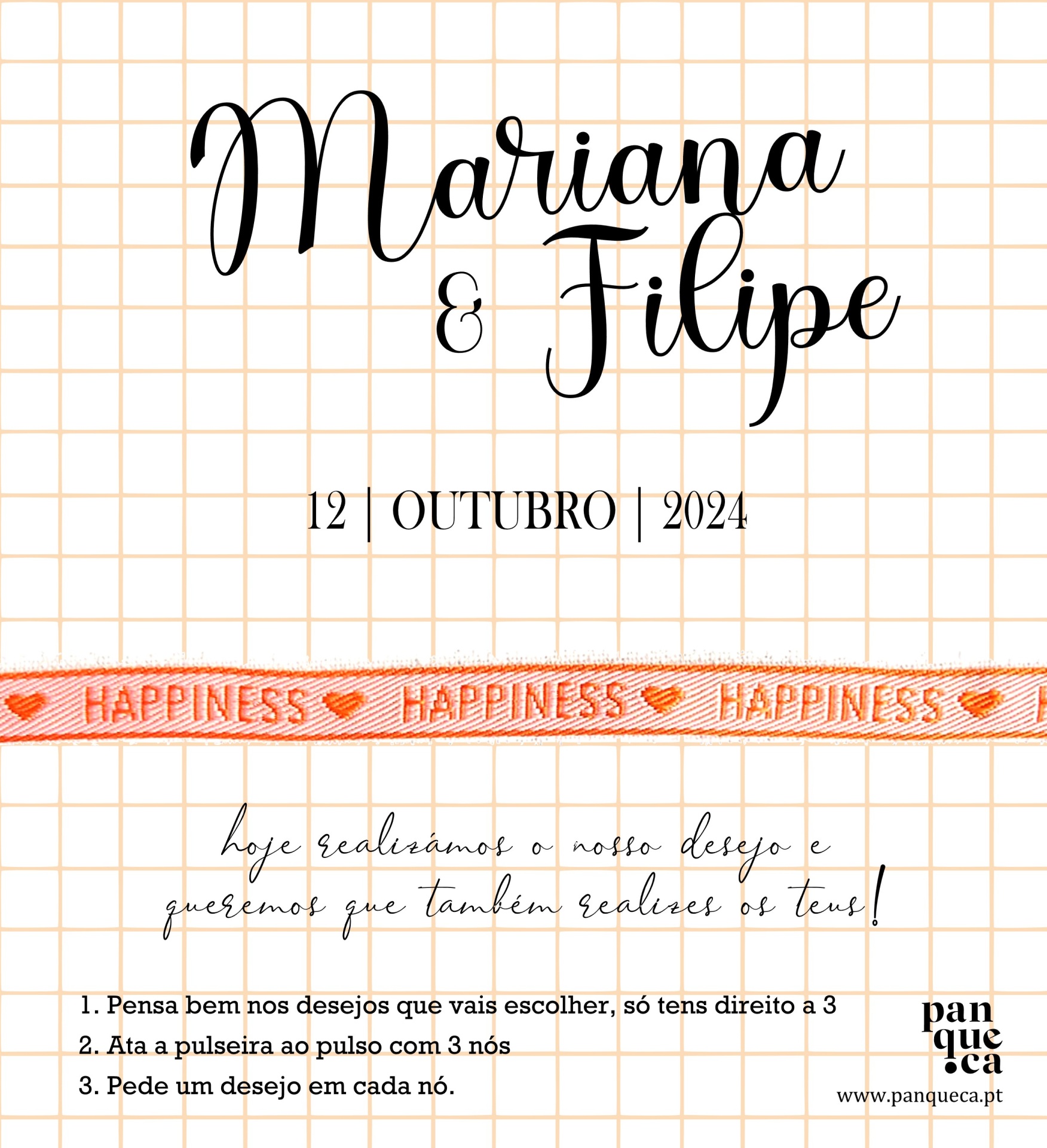 Cartão decorativo com nomes Mariana & Filipe, data e faixa com a palavra HAPPINESS, instruções manuscritas e logotipo panqueca.pt