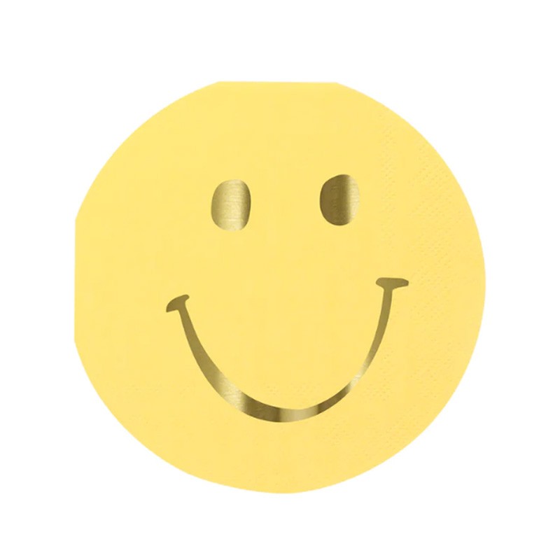 Guardanapo amarelo redondo com rosto sorridente dourado