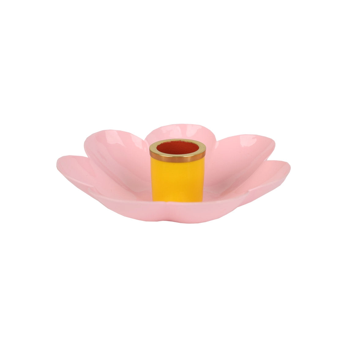 Suporte de vela em forma de flor rosa com centro amarelo.