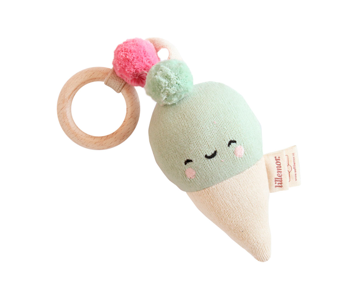 Brinquedo para bebé tipo gelado em tecido com anilha de madeira e pompons coloridos