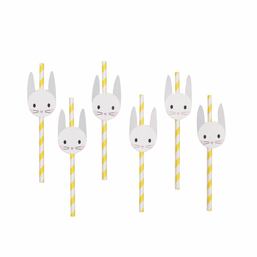 Palhinhas com decoração de cabeça de coelho amarelo e branca