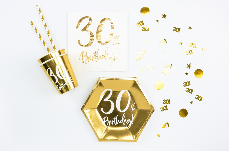 Artigos de festa dourados para 30º aniversário com texto '30th Birthday'