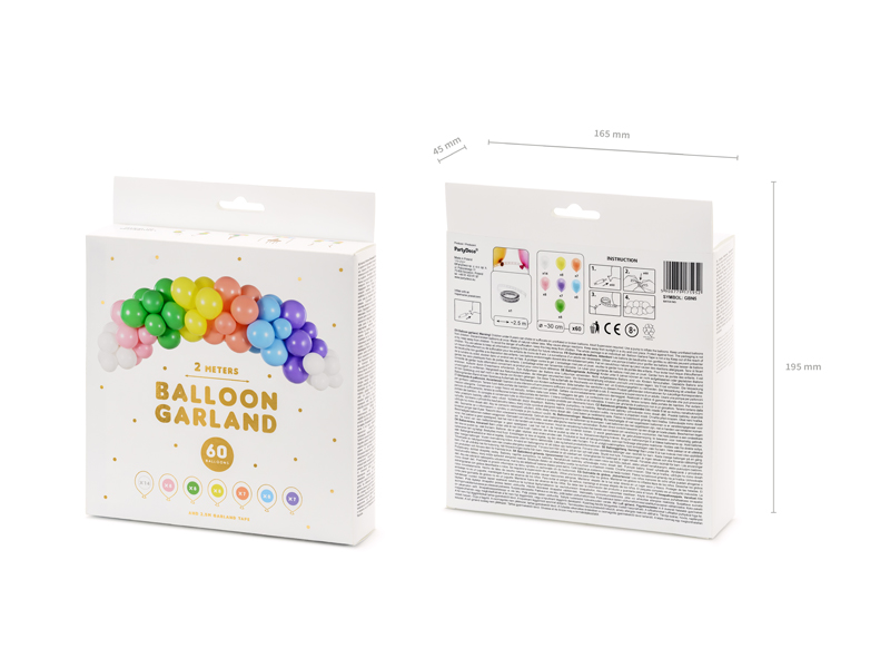 Embalagem do produto Balloon Garland com balões coloridos e texto informativo