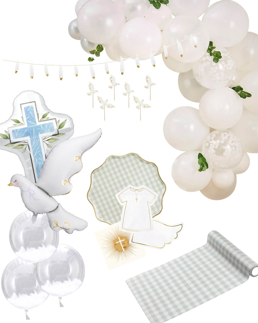 Decoração de festa com balões brancos, cruz azul, pomba, pratos xadrez, guardanapos com cruz e toalha de mesa xadrez.