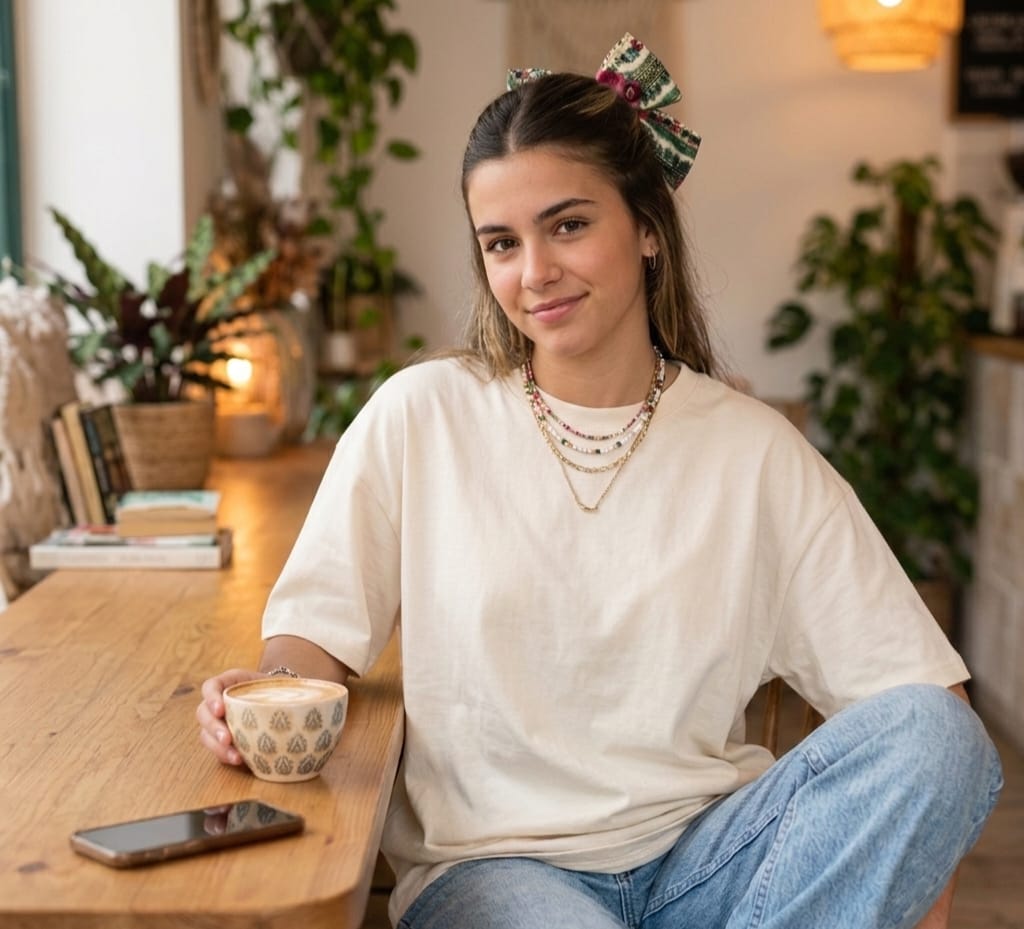 Mulher jovem sentada com t-shirt branca e jeans segurando chávena com padrão geométrico num ambiente interior com plantas