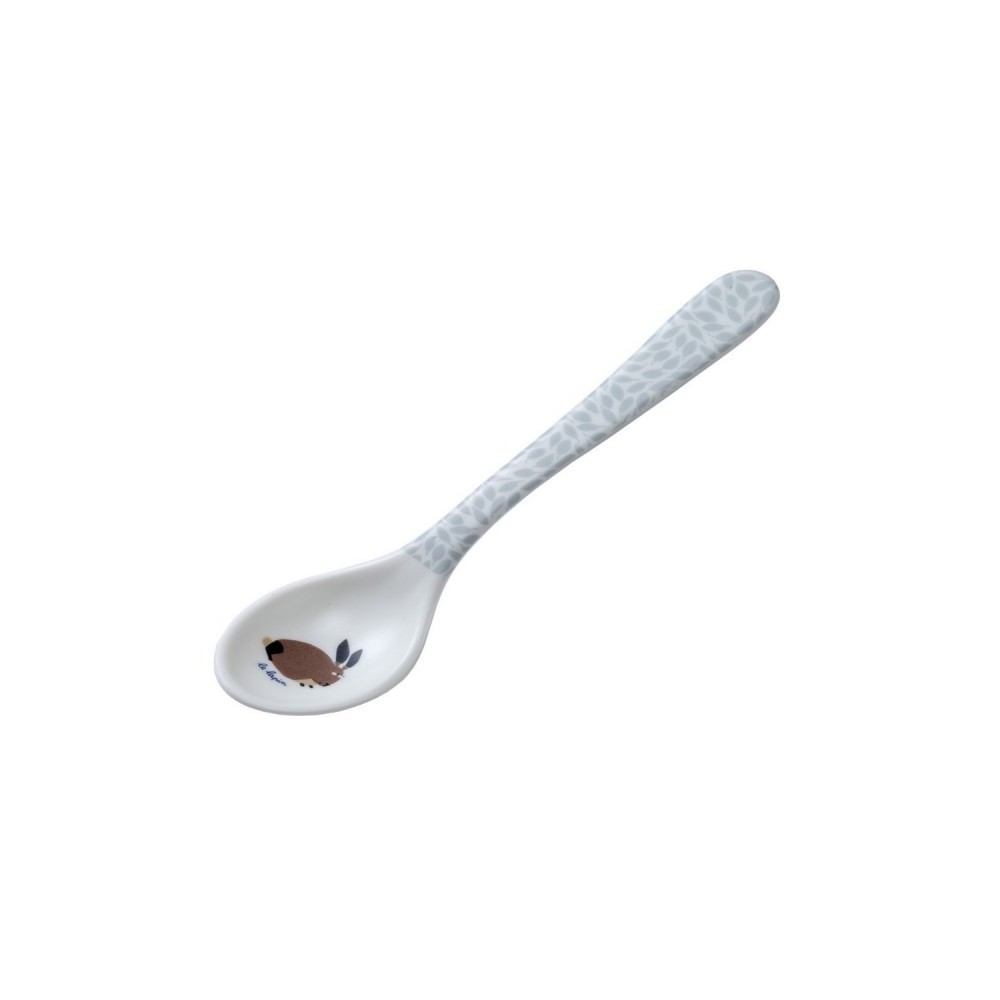 Colher de cerâmica branca com padrão cinza e desenho decorativo no interior