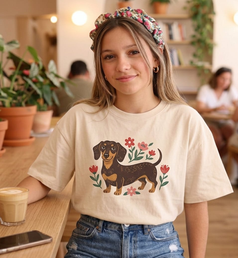 Mulher jovem usando t-shirt creme com estampa de cão dachshund e flores em ambiente de cafetaria