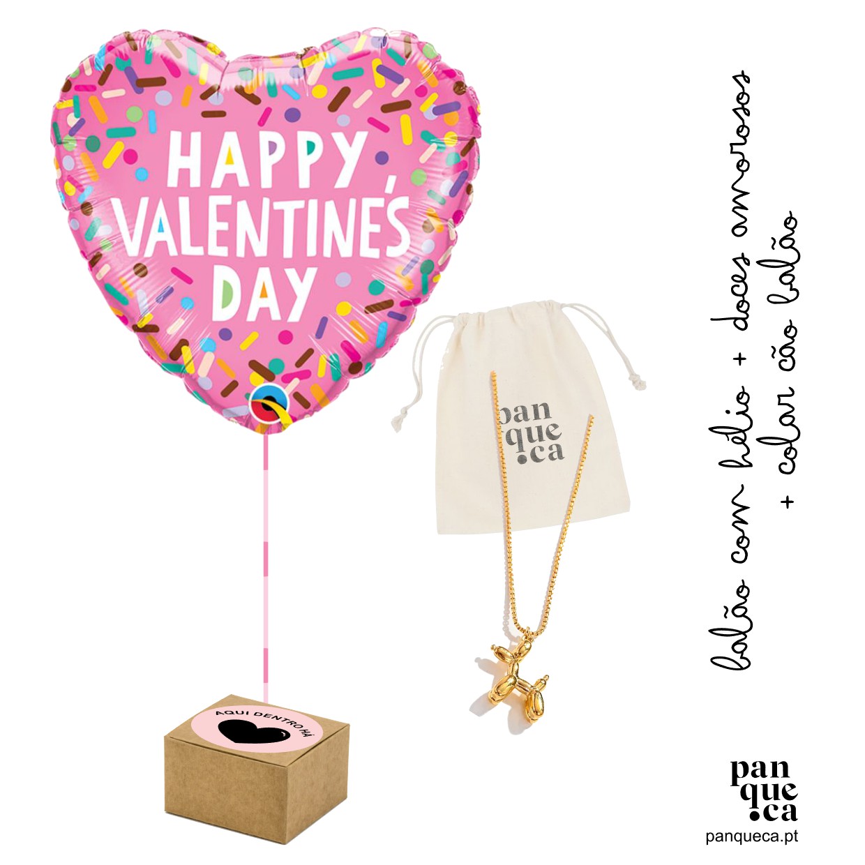 Balão coração rosa com texto Happy Valentines Day, caixa castanha, corrente dourada com anjo e saco de tecido branco com texto panqueca.