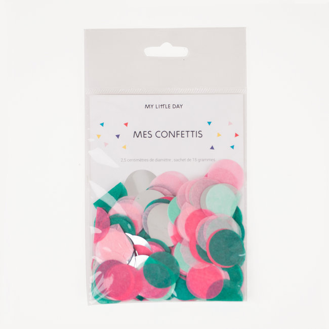Pacote transparente com confetti colorido rosa, verde e branco e etiqueta com texto