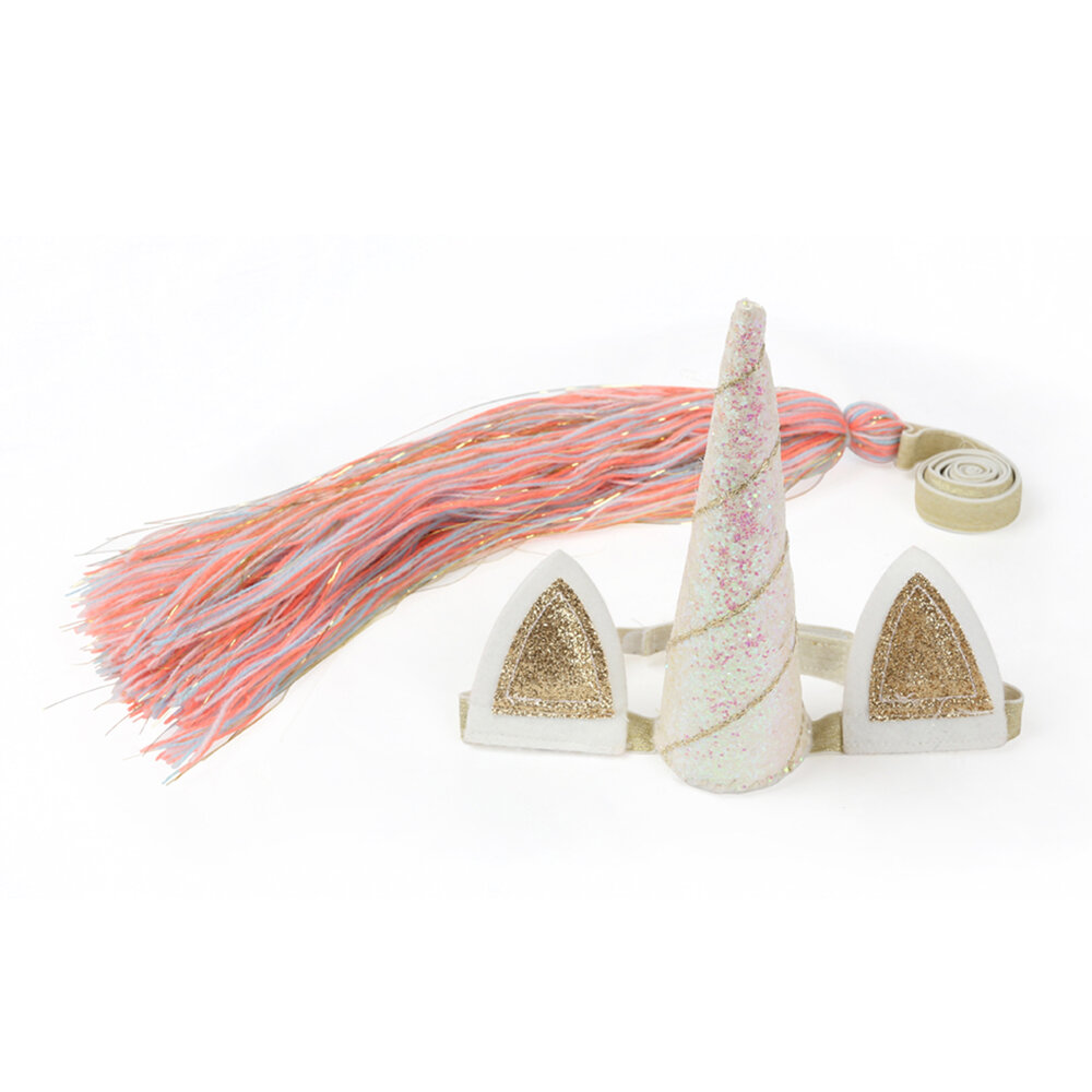 Conjunto de fantasia com orelhas e chifre de unicórnio dourado e branco e cauda rosa brilhante