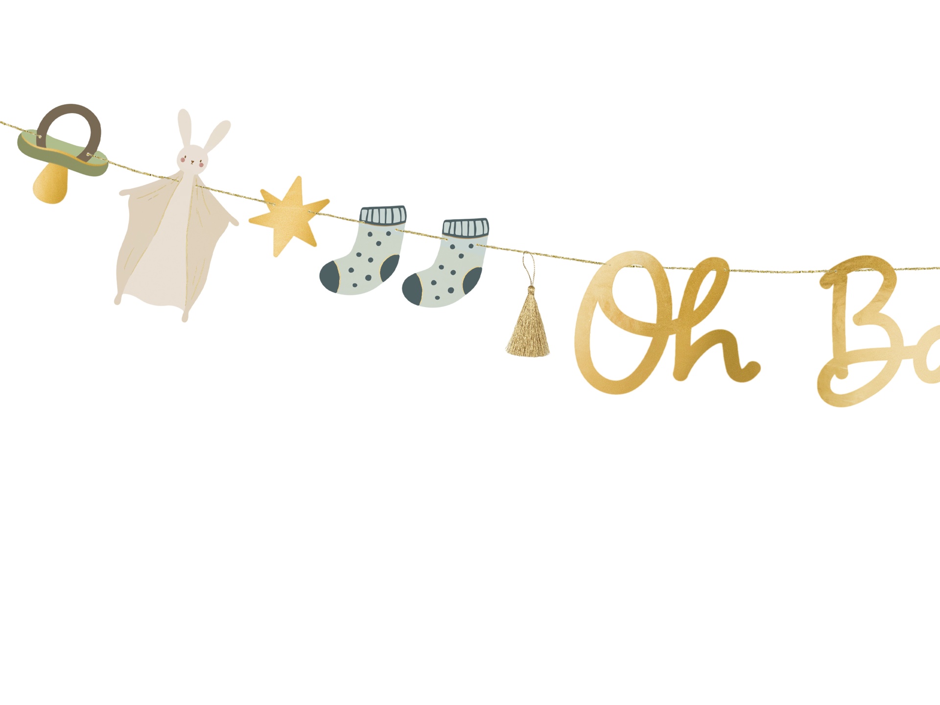 Guirlanda decorativa para bebé com chupeta, coelho, estrela, meias e letras douradas