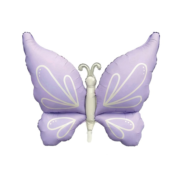 Balão metálico em forma de borboleta lilás com detalhes brancos