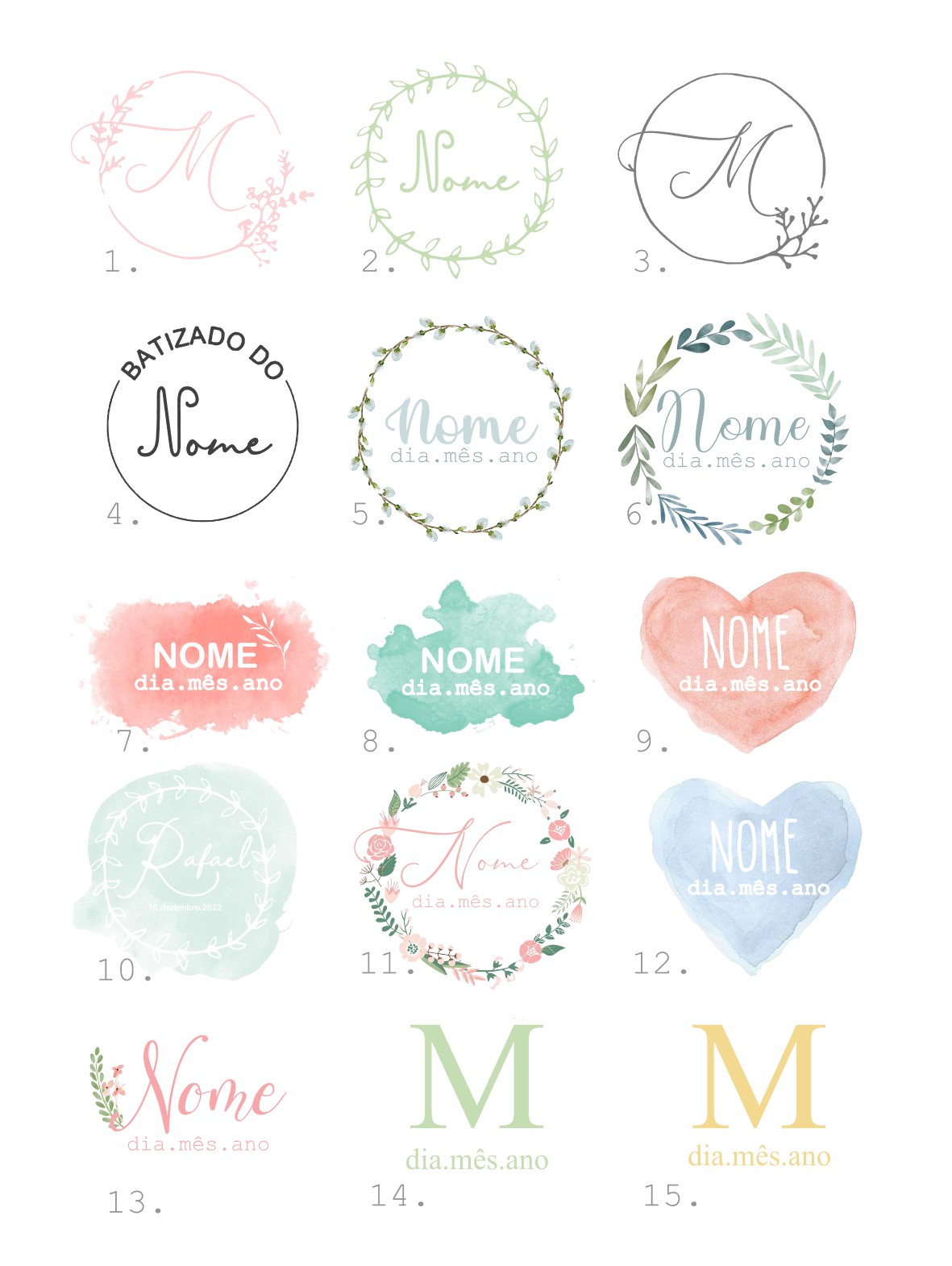 Quinze designs digitais para etiquetas personalizáveis com elementos florais, corações e aquarela em várias cores suaves.