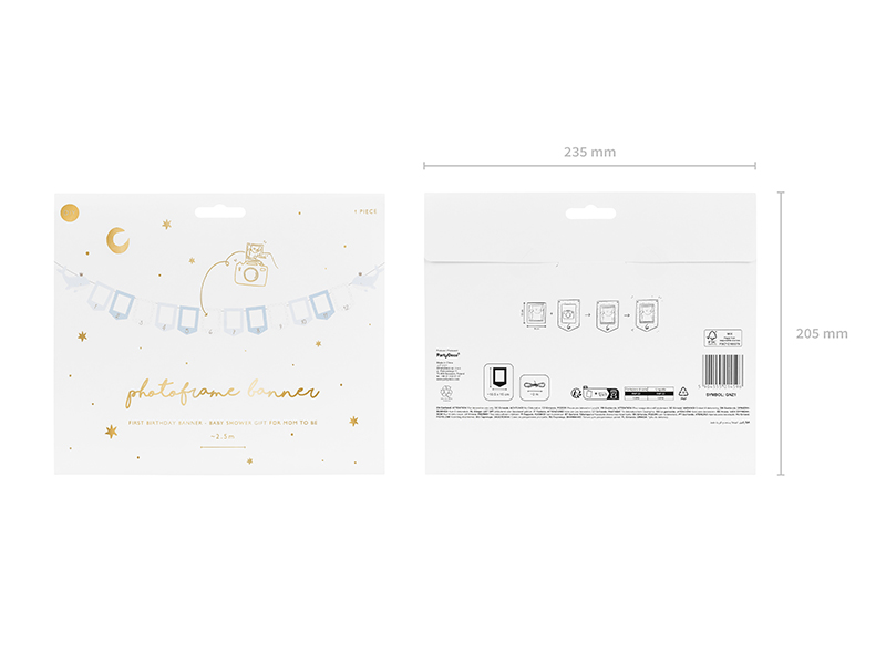 Embalagem frontal e traseira do photo frame banner com ilustrações e texto em inglês