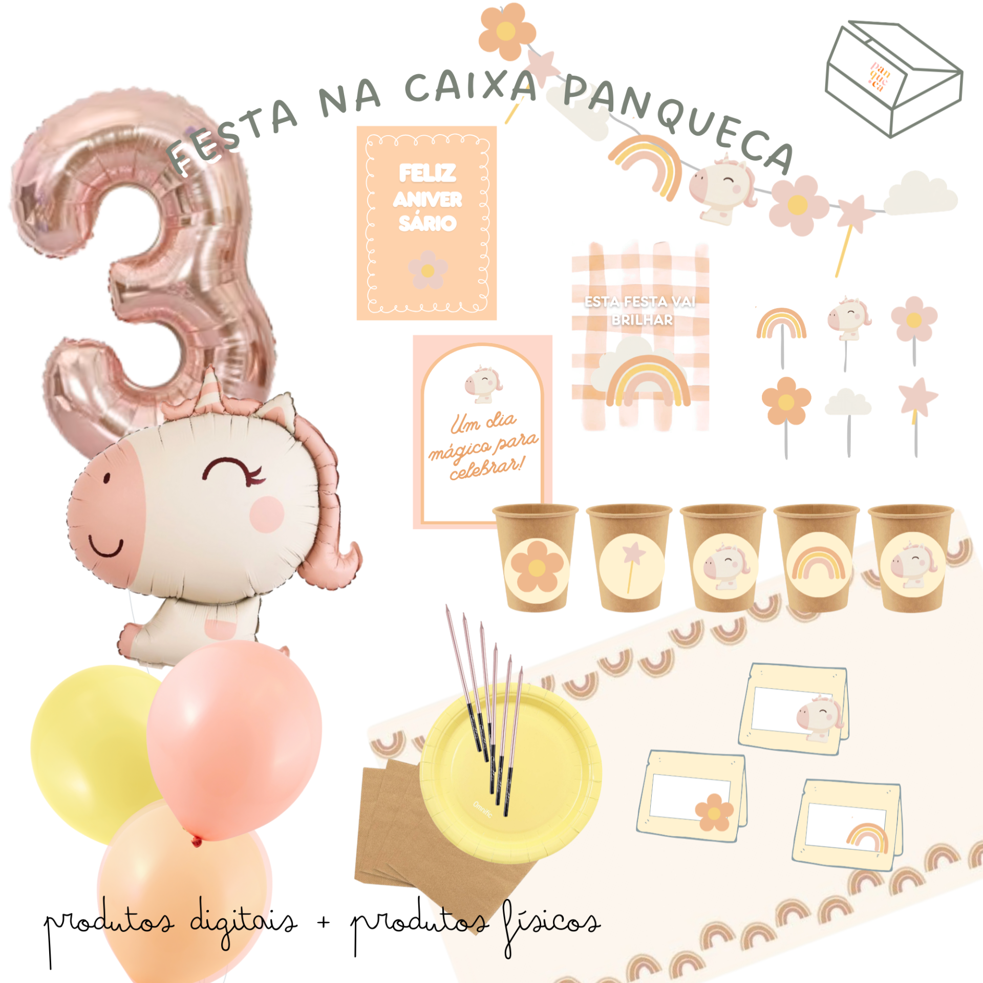Conjunto de decoração infantil com balões, copos, pratos e cartões em tons pastéis com tema unicórnio e arco-íris