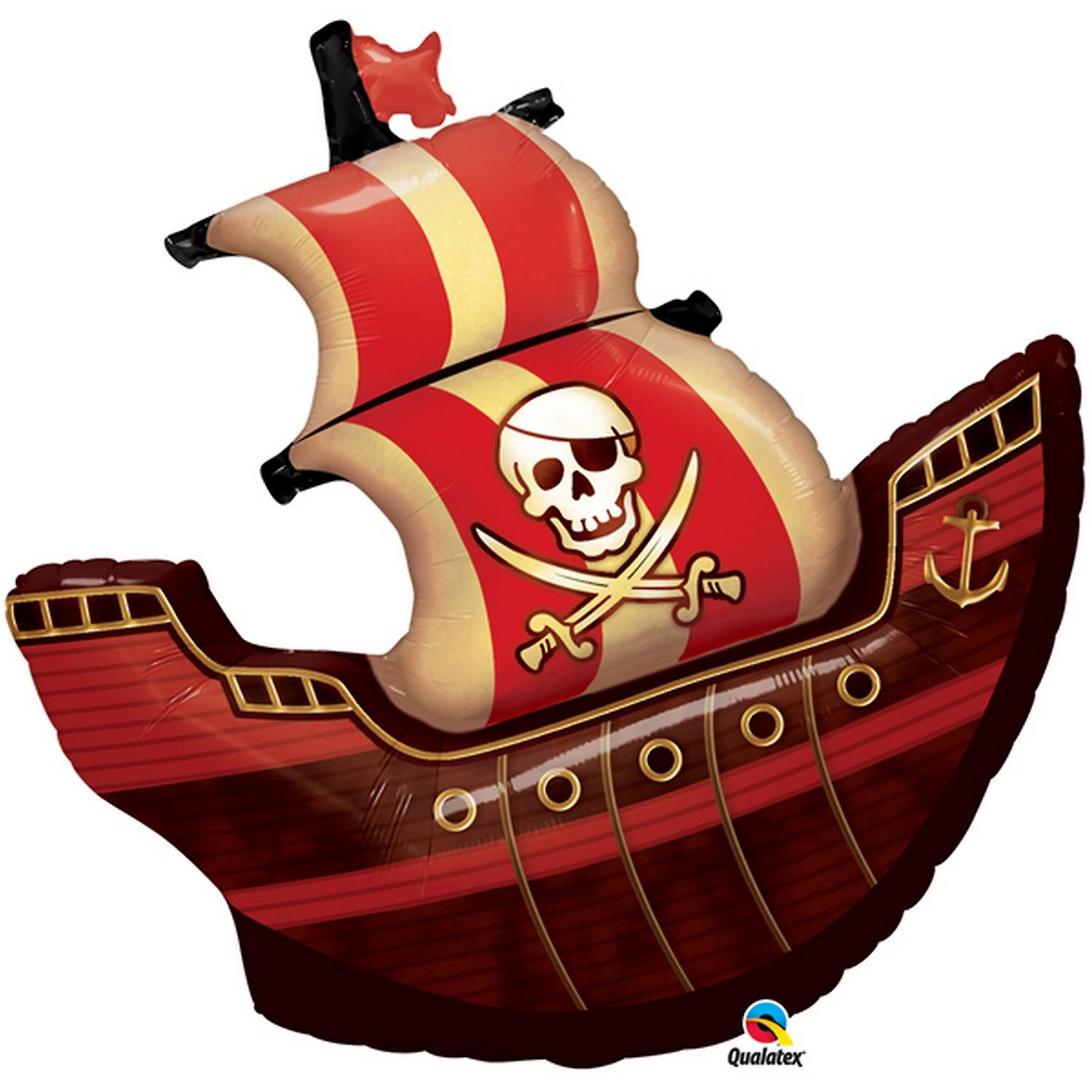 Balão de navio pirata colorido com caveira e espadas em vela