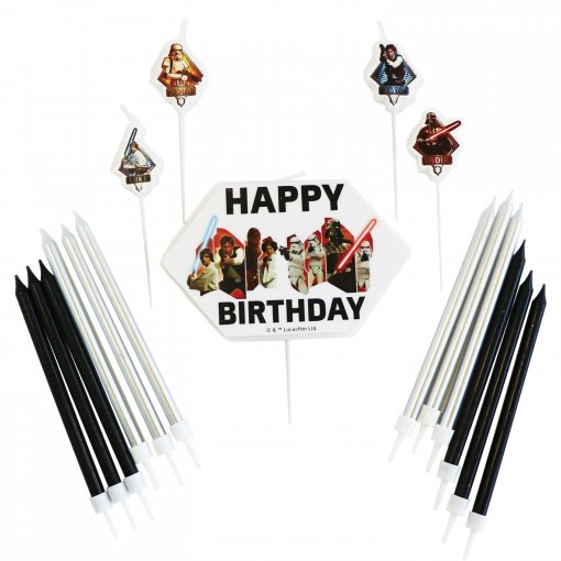 Conjunto de velas de aniversário Star Wars com personagens e texto HAPPY BIRTHDAY